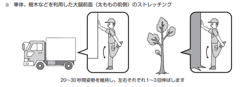 a 車体、 樹木などを利用した大腿前面 (太ももの前側) のストレッチング 20~30秒間姿勢を維持し、 左右それぞれ1~3回伸ばします